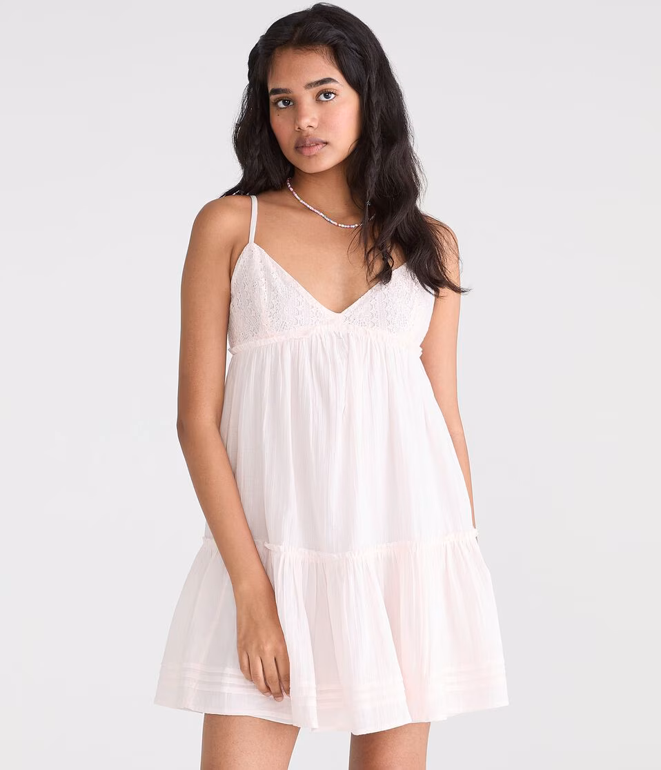 Solid V-Neck Crocheted Babydoll Mini Dress